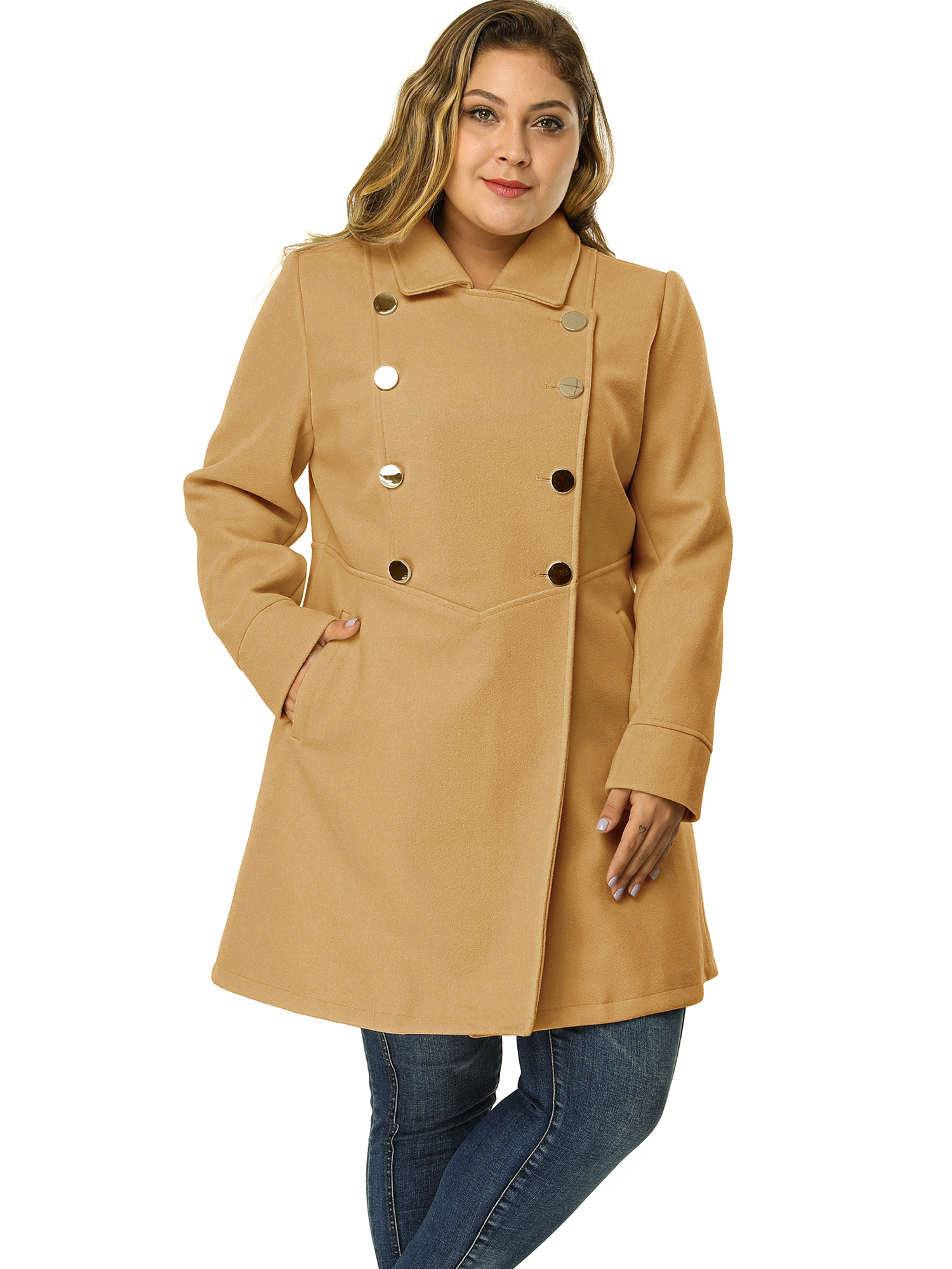 Women's Plus Size Winter Coats Double Breasted Peacoat Outerwear Jackets 1X Khaki